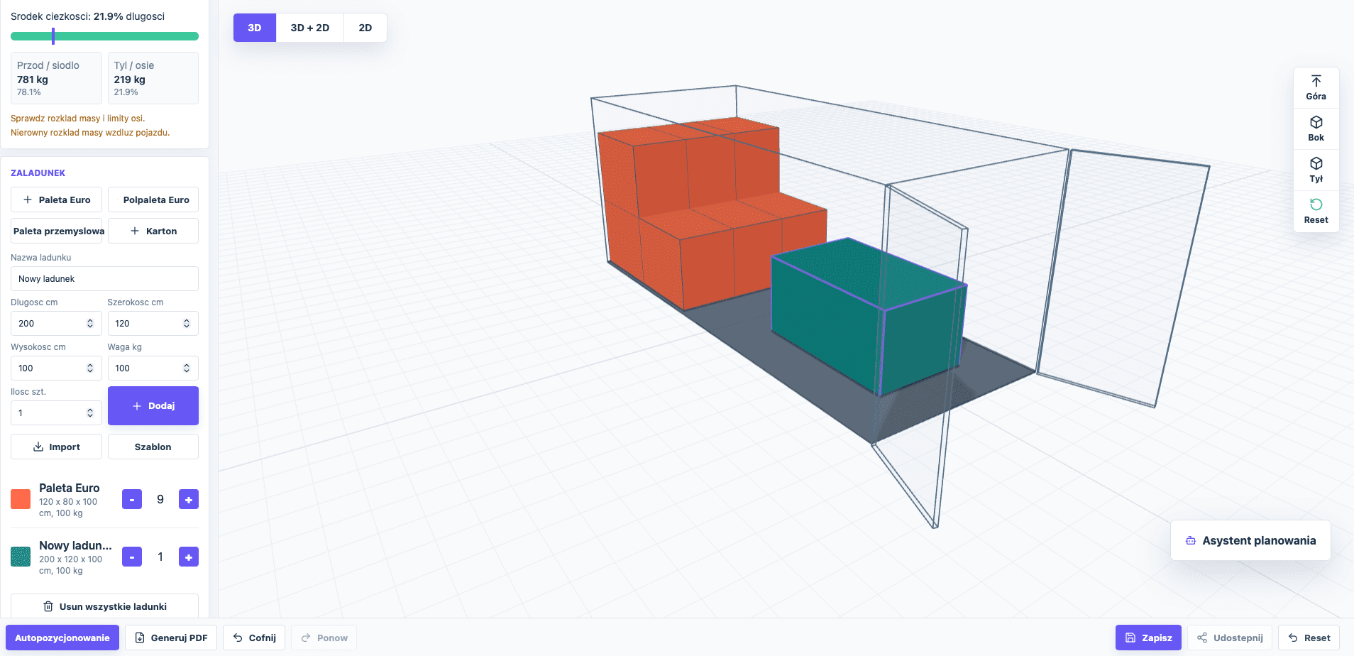 Interfejs planera załadunku LoadFit w widoku 3D